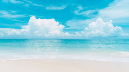 Beautiful tropical beach with blue sky and white clouds abstract texture background. Copy space of summer vacation and holiday business travel concept.