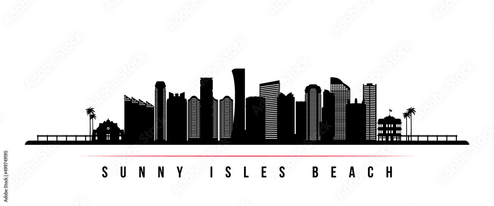 Sunny Isles Beach skyline horizontal banner. Black and white silhouette of Sunny Isles Beach, Florida. Vector template for your design.