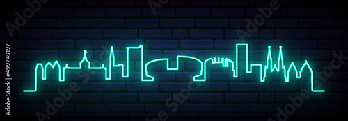 Blue neon skyline of Strasbourg. Bright Strasbourg City long banner. Vector illustration.