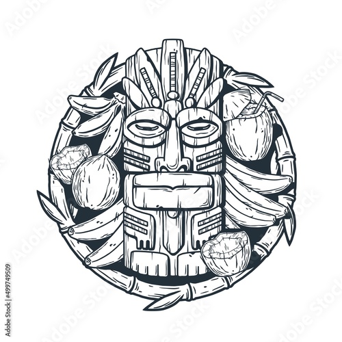 Tiki mask and tropical fruits. Exotic banana and coconut for summer hawaiian prints or tropic beach