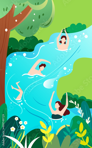 People swim in the river in summer to cool off the heat  vector illustration