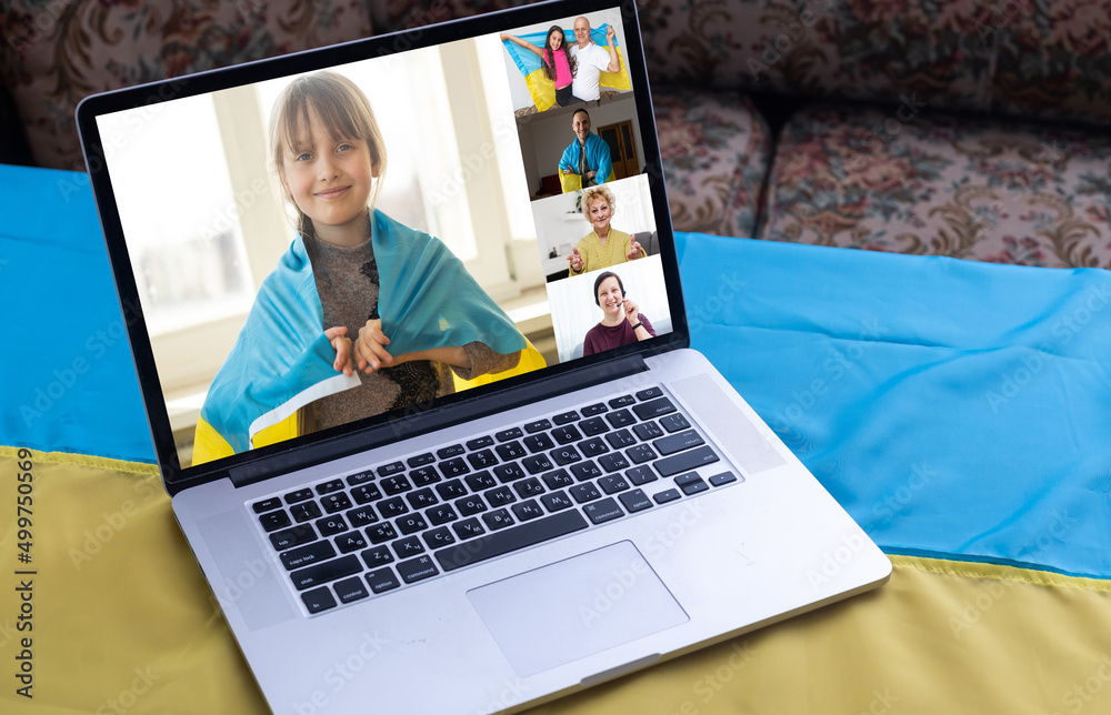 flag of ukraine, young woman teacher working with laptop sitting in classroom. Education, school college university flag of ukraine, young woman teacher working with laptop sitting in classroom. Education, school college university