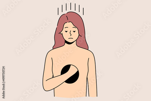 Unhappy woman with hole in body suffer from depression and psychological disorder. Upset sad girl feeling empty inside having mental problems. Healthcare concept. Vector illustration. 