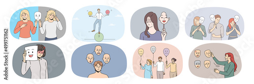Set of diverse people with different emotions have bipolar disorder need psychological help. Collection of unhealthy men and women suffer from mental psychiatric problems. Vector illustration. 
