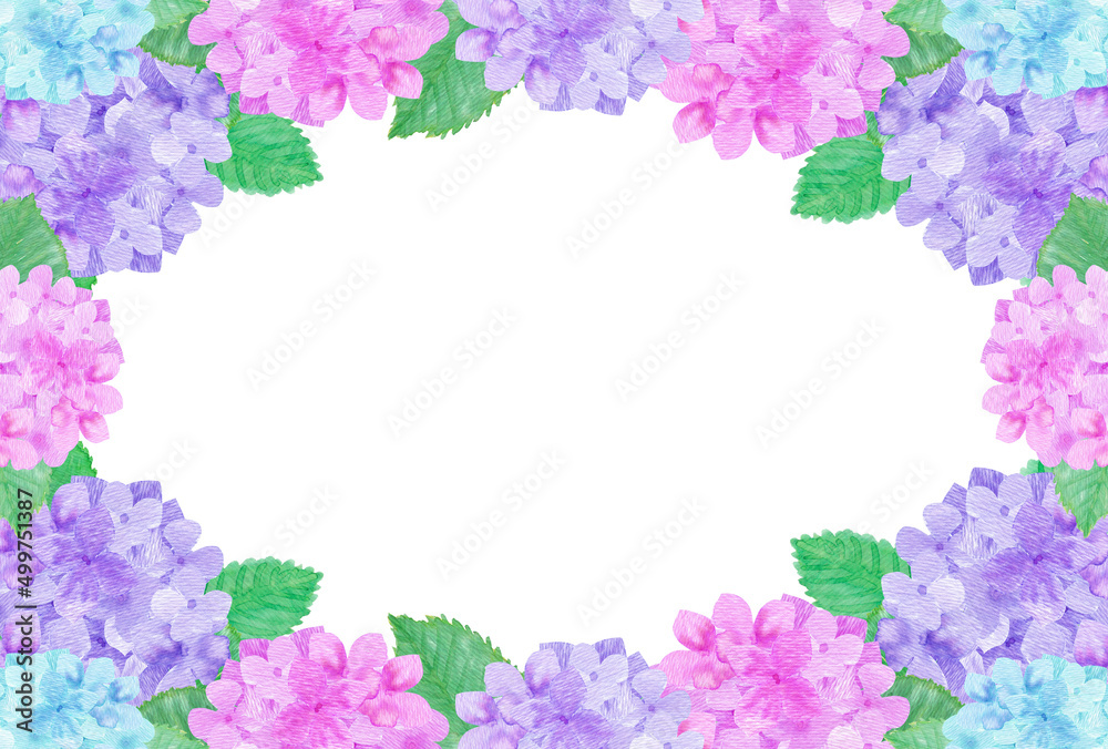 イラスト素材：水彩絵の具で描いたかわいい紫陽花の横位置の背景（紫・ピンク・水色）
