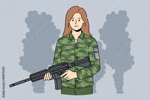 Portrait of Ukrainian woman soldier in military uniform with gun fight on war for independence. Courageous female with rifle participate protect country in Ukraine Russia war. Vector illustration. 