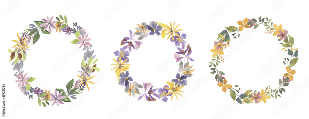 Watercolor set of round floral wreaths