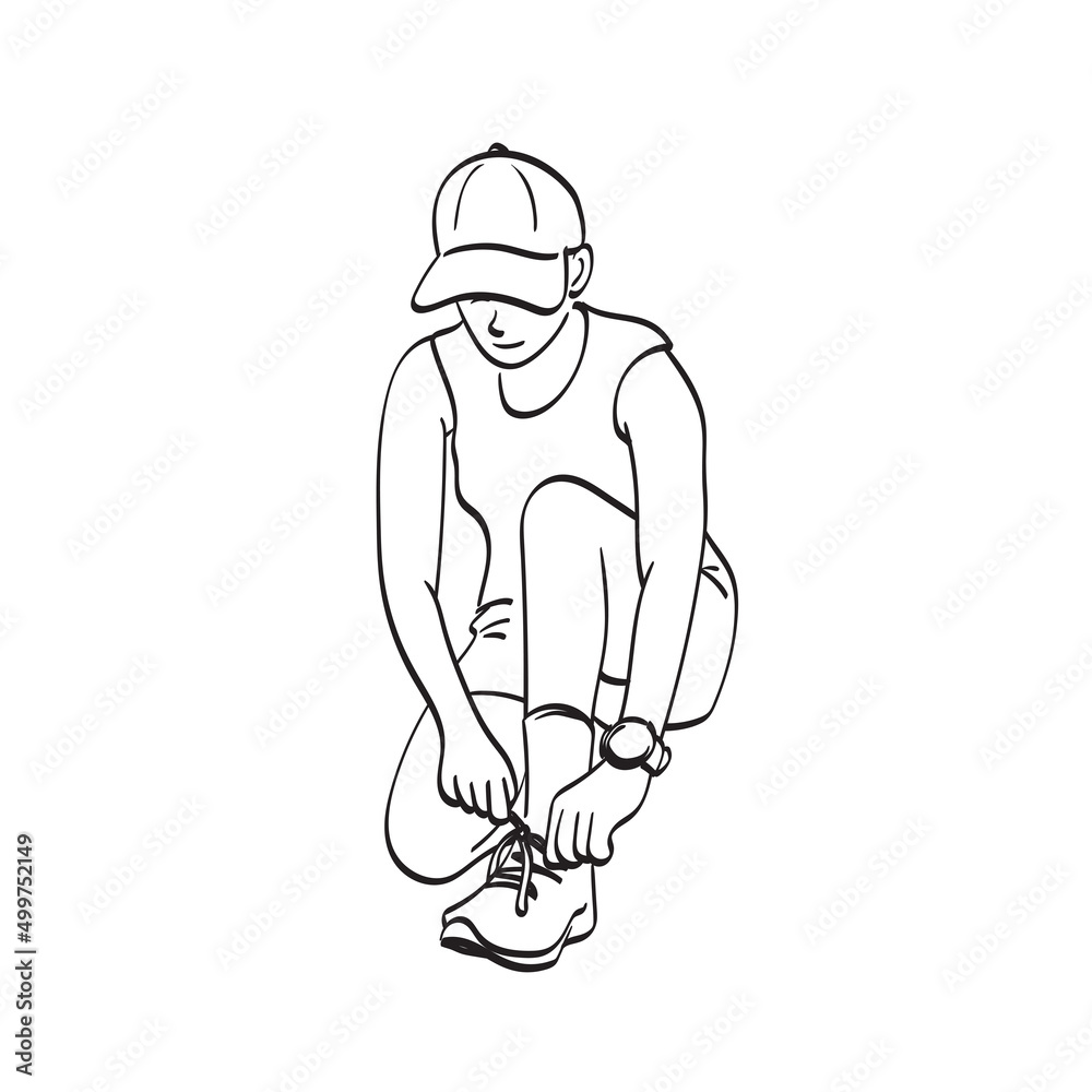 sporty woman tying shoe laces illustration vector hand drawn isolated on white background line art.