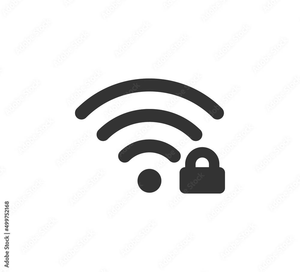 Wifi symbol and lock icon. Blocked wireless internet signal. Wi-Fi signal error. Failure wifi icon. Disconnected wireless internet signal. Vector illustration isolated on white background. Wifi symbol and lock icon. Blocked wireless internet signal. Wi-Fi signal error. Failure wifi icon. Disconnected wireless internet signal. Vector illustration isolated on white background.