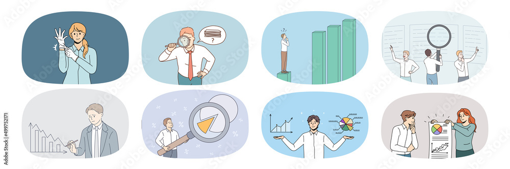 Set of diverse office employees work with charts and diagrams explore financial statistics. Collection of businesspeople brainstorm develop finance startup. Banking concept. Vector illustration. Set of diverse office employees work with charts and diagrams explore financial statistics. Collection of businesspeople brainstorm develop finance startup. Banking concept. Vector illustration.