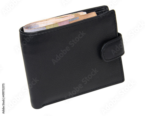 Black leather wallet with money isolated on the white background