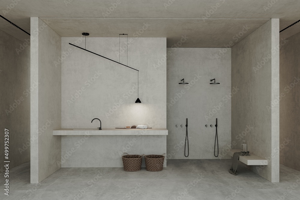 3d render of a beige minimalist open bathroom with a rain shower and sink, stucco walls - obrazy, fototapety, plakaty 