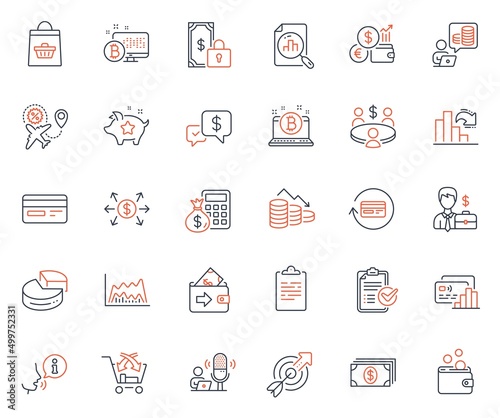 Finance icons set. Included icon as Decreasing graph, Businessman case and Cross sell web elements. Currency rate, Trade chart, Credit card icons. Private payment, Survey checklist. Vector