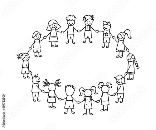 Happy doodle stick children holding hands. Hand drawn funny kids in circle. International friendship concept. Doodle children community. Vector linear illustration isolated on white background.