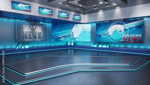 3D Virtual TV Studio News, Backdrop For TV Shows. TV On Wall. photo