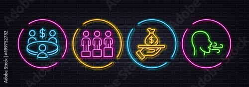 Loan, Meeting and Equity minimal line icons. Neon laser 3d lights. Breathing exercise icons. For web, application, printing. Financial mortgage, Business collaboration, Social equality. Breath. Vector