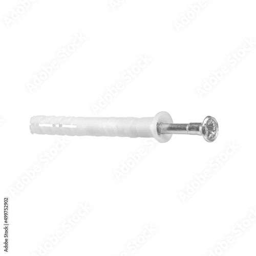 Metal nail  self-tapping screw  screw with a plastic dowel for construction work and repair on a white isolated background.