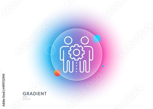 Employees teamwork line icon. Gradient blur button with glassmorphism. Collaboration sign. Development partners symbol. Transparent glass design. Employees teamwork line icon. Vector