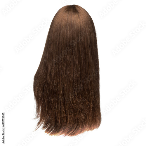 Natural hair wig on a mannequin on a white isolated background. Brunette, long straight hair. Back view