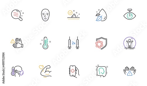 Health app, Recovered person and Eye laser line icons for website, printing. Collection of Dont touch, Thermometer, Water drop icons. Skin condition, Coronavirus vaccine. Vector