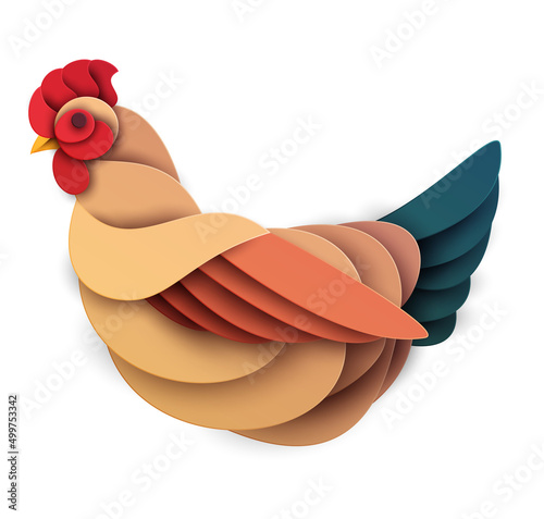 Rooster silhouette isolated on white background. Abstract farm animal. Creative 3d concept in cartoon craft paper cut style. Colorful minimal design character. Modern geometric vector illustration.