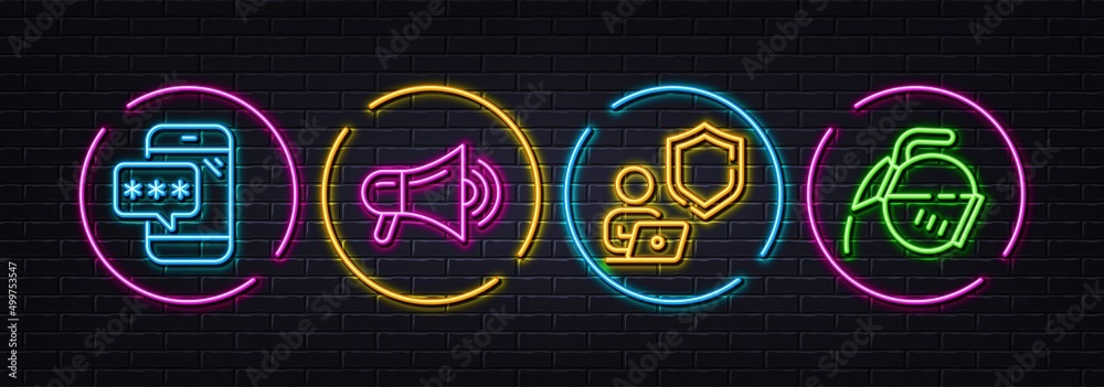 Shield, Megaphone and Phone password minimal line icons. Neon laser 3d lights. Coffee pot icons. For web, application, printing. Online secure, Advertisement, Mobile device access. Tea drink. Vector