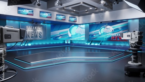 3D Virtual TV Studio News, Backdrop For TV Shows. TV On Wall.