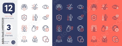 Set of Difficult stress, Shields and Vaccination announcement line icons. Include Lungs, Coronavirus, Family insurance icons. Farsightedness, Serum oil, Wash hands web elements. Shield. Vector