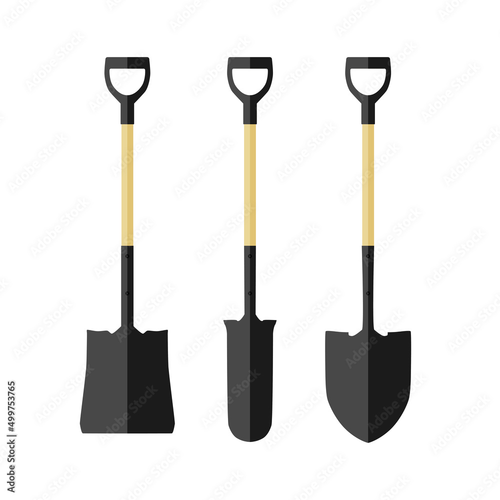 A set of colored shovel icons. Three shovel shapes. A hand tool for working on a construction site and in the garden. Vector illustration isolated on a white background for design and web. A set of colored shovel icons. Three shovel shapes. A hand tool for working on a construction site and in the garden. Vector illustration isolated on a white background for design and web.