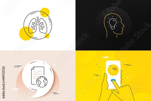 Minimal set of Lungs, Internet document and Quick tips line icons. Phone screen, Quote banners. Idea head icons. For web development. Respiratory pneumonia, Web page, Helpful tricks. Lightbulb. Vector