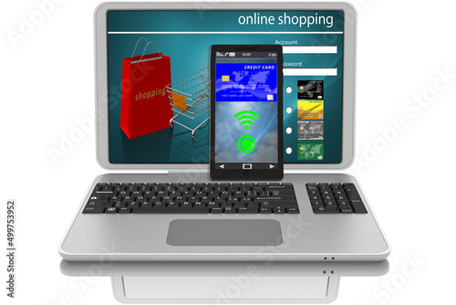 Illustrazione 3D. Pagamento elettronico. Computer portatile, carta di credito e applicazione smartphone come simbolo dei pagamenti online.. photo