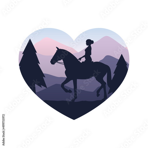 Vector heart inside silhouette of a woman riding a horse through the countryside. Isolated on white background.

