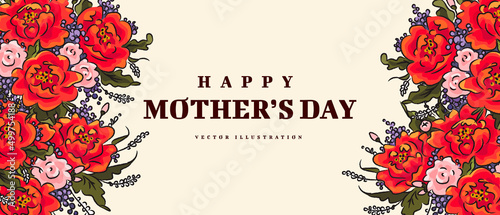 Mother's day poster or banner with hand drawn flowers on light background. Vector illustration