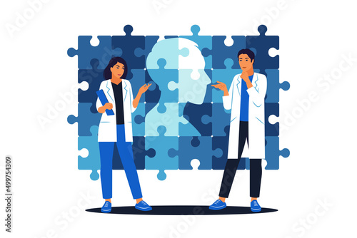 Mental illness and disorder concept. Head profile man from puzzle pieces. Practitioner doctors consult and diagnose. Vector illustration. Flat.