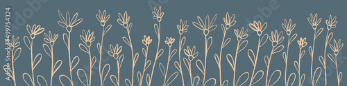 Wild grass and flowers on gray background. Hand drawn floral objects. Vector illustration.