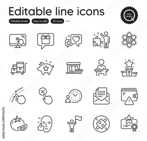 Set of Business outline icons. Contains icons as Wallet, Strategy and Inventory cart elements. Reject click, Swipe up, Touch screen web signs. Chemistry atom, Time management. Vector