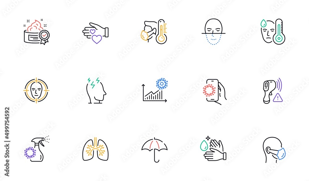 Fototapeta premium Wash hands, Stress and Medical mask line icons for website, printing. Collection of Face detect, Electronic thermometer, Face recognition icons. Umbrella, Volunteer, Sick man web elements. Vector