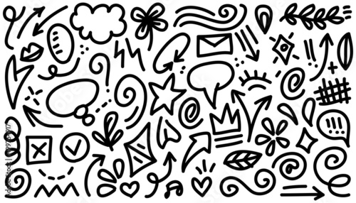 Abstract arrows, ribbons, crowns, hearts, explosions and other elements in hand drawn style for concept design. Doodle illustration. Vector template for decoration © dadan