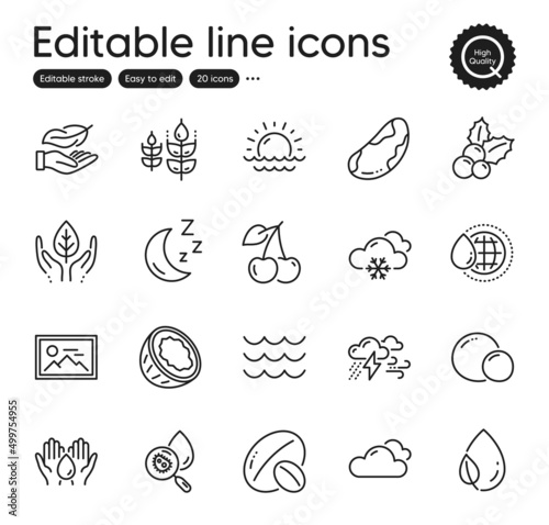Set of Nature outline icons. Contains icons as Bad weather, Snow weather and Waves elements. Fair trade, World water, Photo web signs. Cherry, Water analysis, Moon elements. Brazil nut. Vector