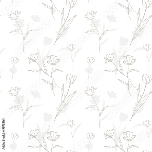 Beige line flowers in white background seamless vintage pattern  floral retro botanical decorative ornament  design for wrapping paper  textile  fabric design  spring summer wallpaper backdrop
