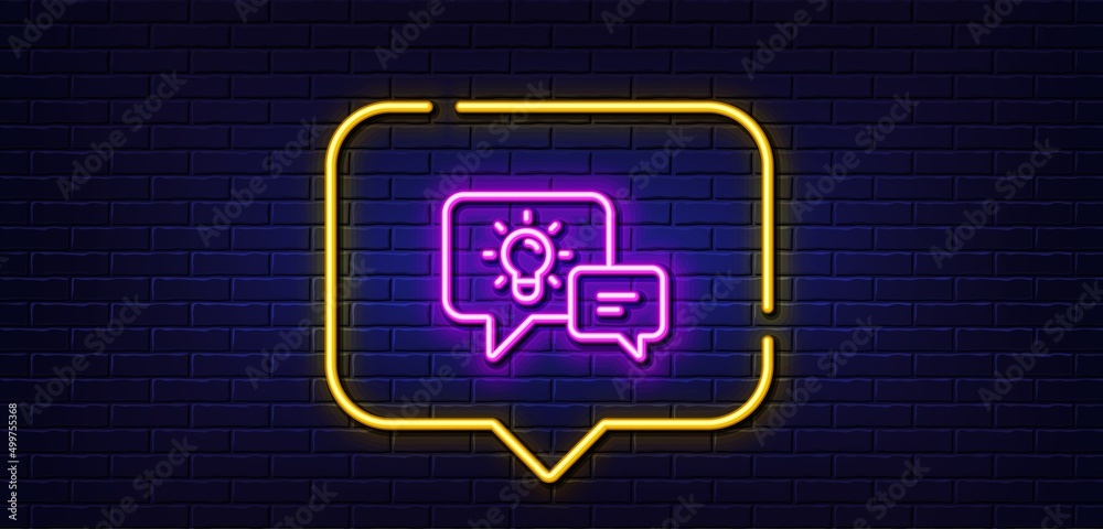 Neon light speech bubble. Idea lamp with Speech bubbles line icon. Communication sign. Light bulb symbol. Neon light background. Idea lamp glow line. Brick wall banner. Vector Neon light speech bubble. Idea lamp with Speech bubbles line icon. Communication sign. Light bulb symbol. Neon light background. Idea lamp glow line. Brick wall banner. Vector