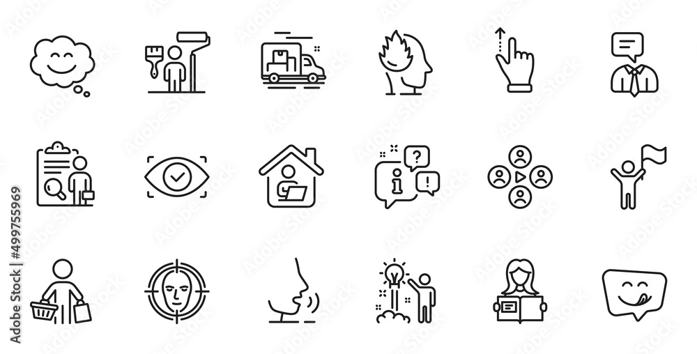 Outline set of Work home, Buyer and Stress line icons for web application. Talk, information, delivery truck outline icon. Include Smile chat, Face detect, Woman read icons. Vector