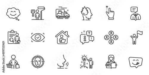 Outline set of Work home, Buyer and Stress line icons for web application. Talk, information, delivery truck outline icon. Include Smile chat, Face detect, Woman read icons. Vector
