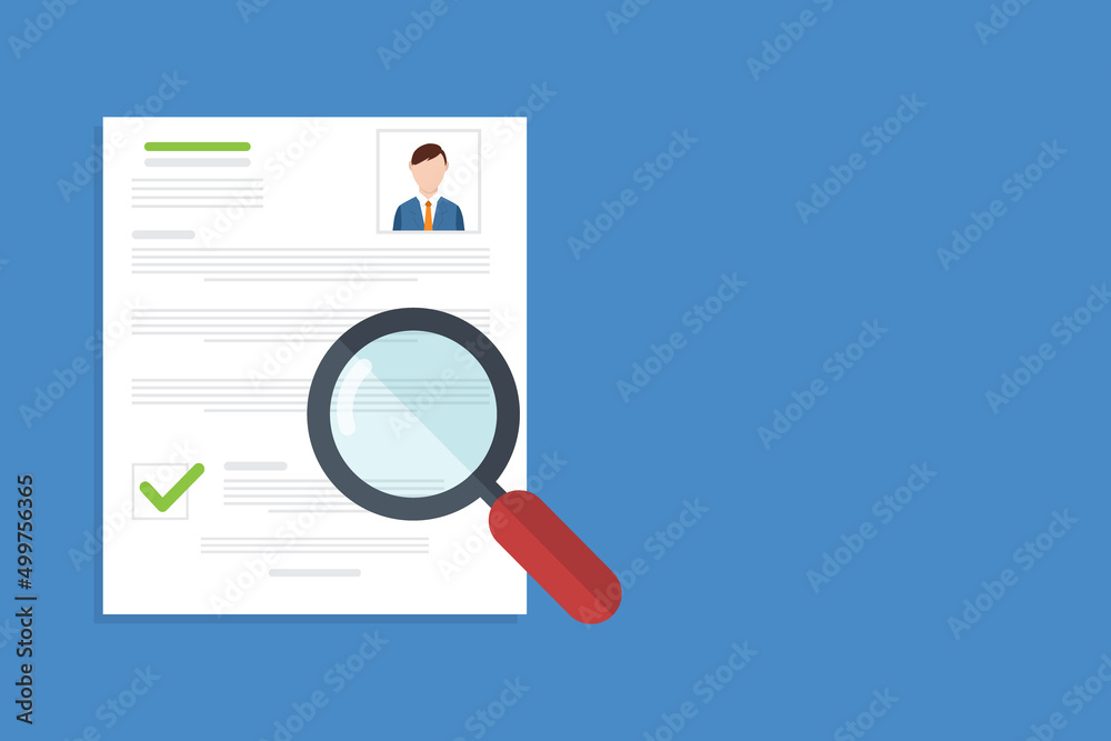 Resume analysis, use magnifying glass to view recruitment resume, concept of recruitment and human resources Resume analysis, use magnifying glass to view recruitment resume, concept of recruitment and human resources
