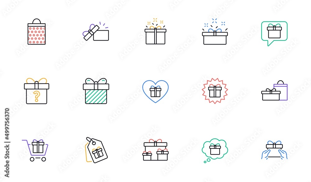 Gift line icons. Present, Special offer and Sale. Shopping linear icon set. Bicolor outline web elements. Vector