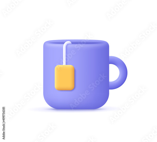 Cup of tea or mug with tea bag. Tea time, breakfast concept. 3d vector icon. Cartoon minimal style.