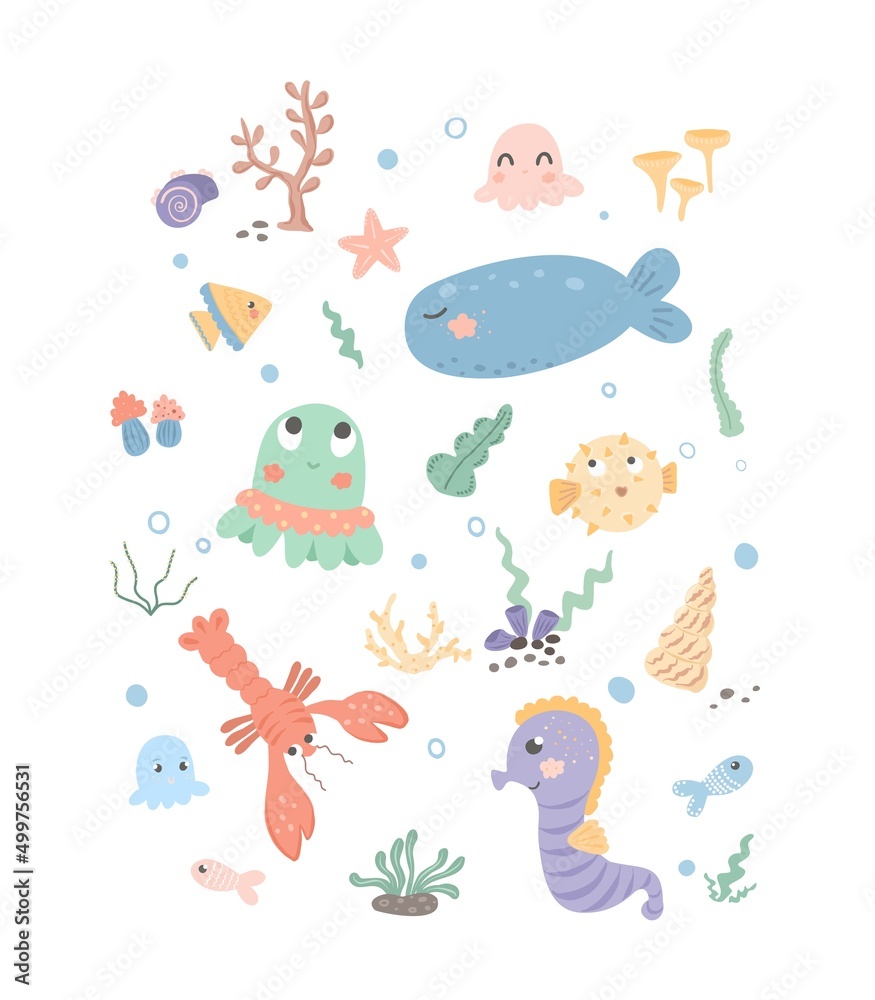 Fototapeta premium Set with sea creatures. Cartoon characters of the underwater world.Vector isolated illustration on white background.