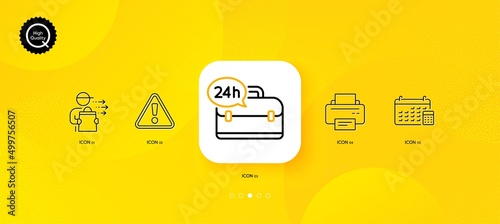 Food delivery, Warning and 24h service minimal line icons. Yellow abstract background. Printer, Calendar icons. For web, application, printing. Courier, Important message, Support. Vector