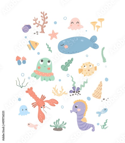 Set with sea creatures. Cartoon characters of the underwater world.Vector isolated illustration on white background.