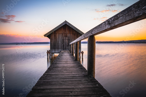 Fényképezés Traditional boathouse at lake Ammersee near Munich, Bavaria, Germany at sunrise